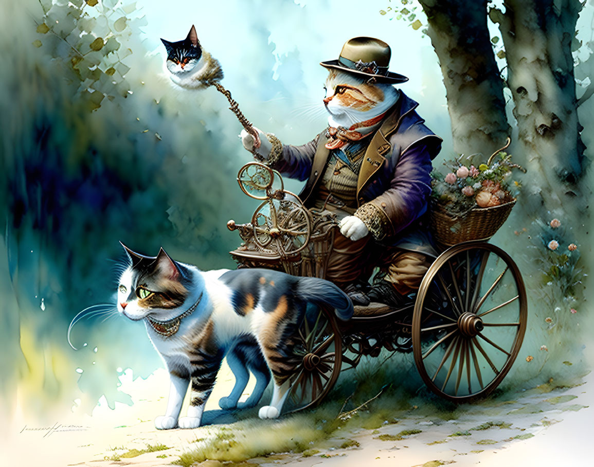 Anthropomorphic cat in suit and hat with wand, real cat in fairytale setting