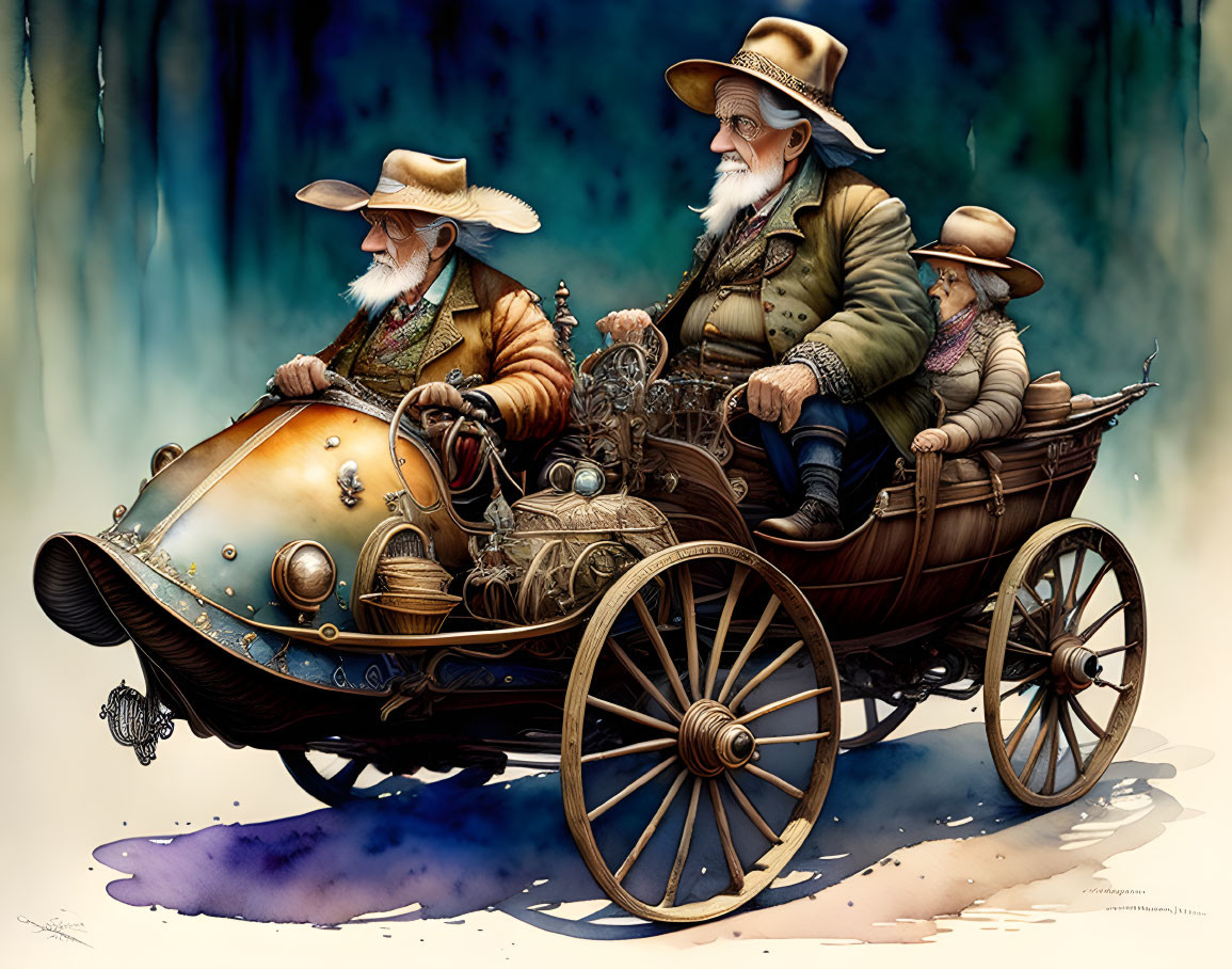 Stylized animated characters in vintage clothing on steam-powered carriage