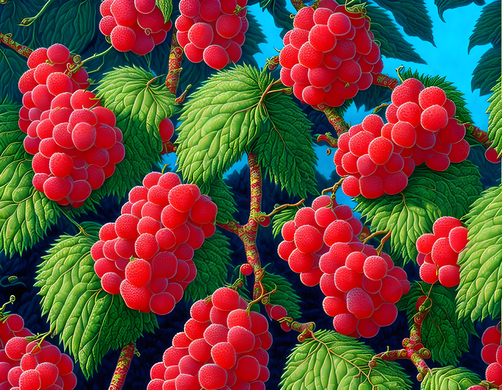 Fresh red raspberries on lush green leaves against a dark blue background