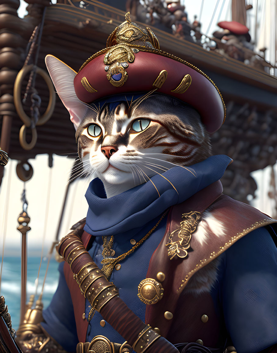 Digital Artwork: Cat in Naval Officer Attire on Ship Backdrop