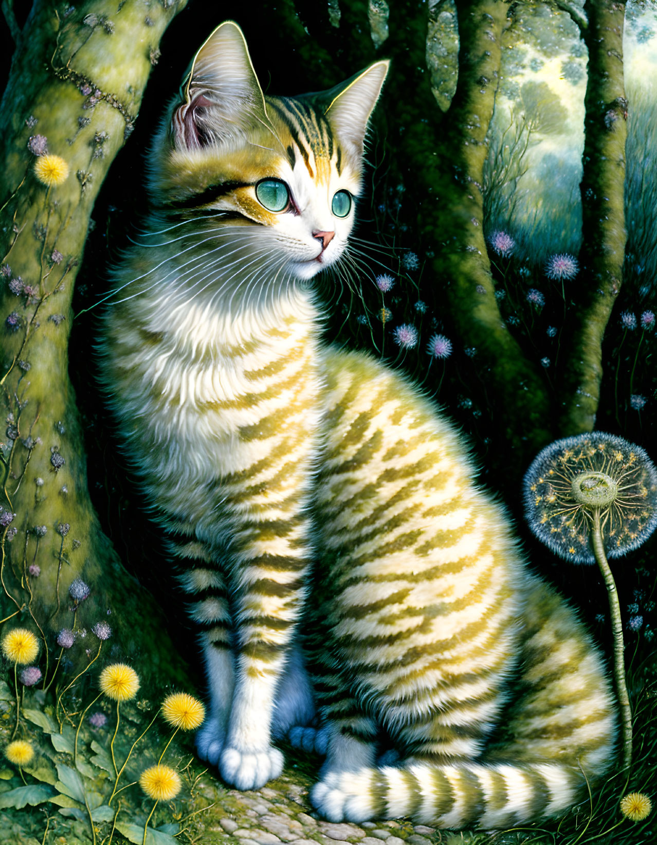 Green-eyed striped cat in hollow tree with dandelions and moss