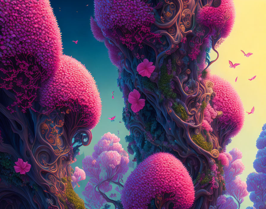 Colorful fantasy landscape with pink floral trees, intricate bark patterns, and flying magenta birds under gradient