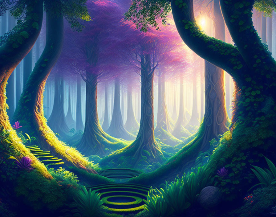 Vibrant Purple and Green Foliage in Mystical Forest