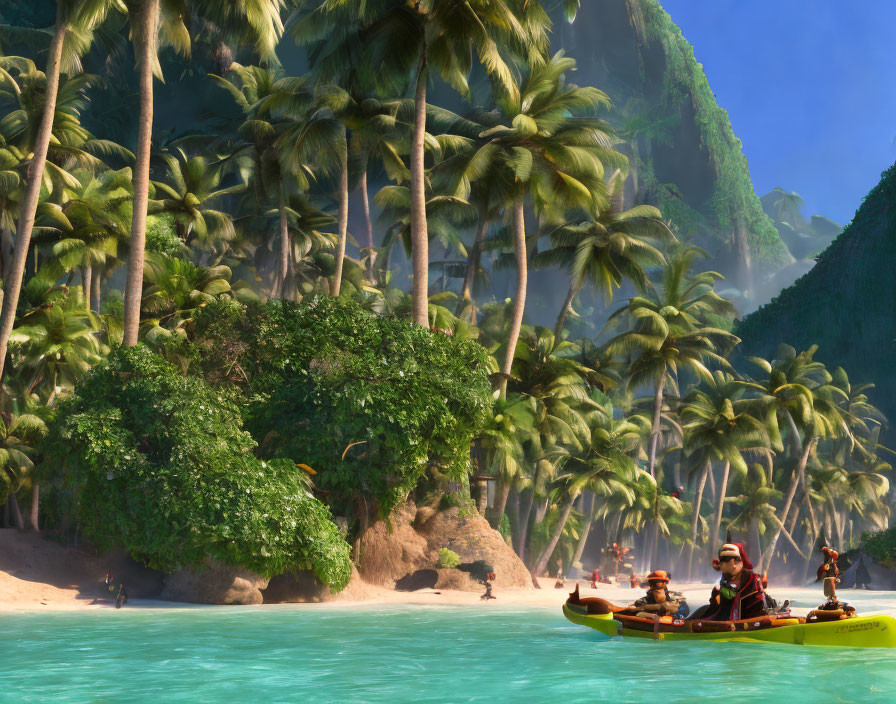 Animated characters canoeing near lush tropical island with palm trees and clear blue water