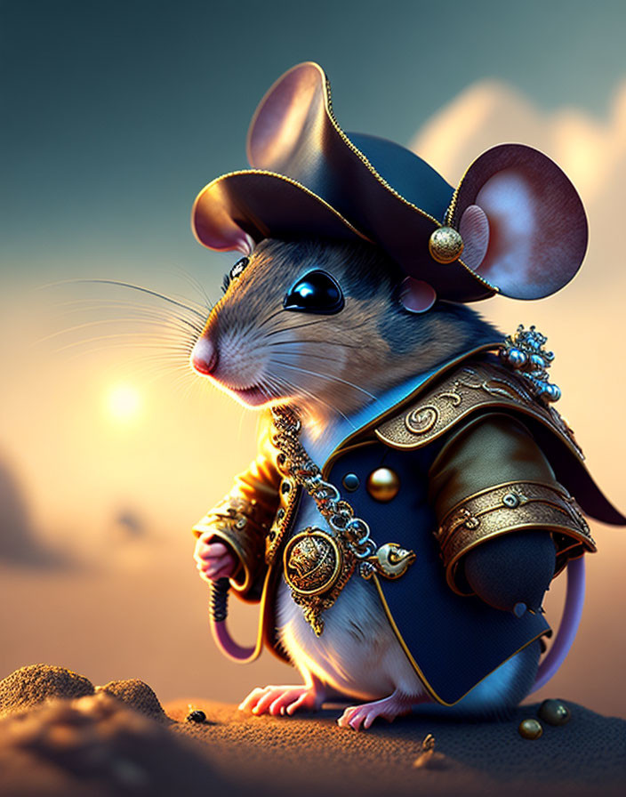 Animated Pirate Mouse on Sunset Beach with Sword and Hat