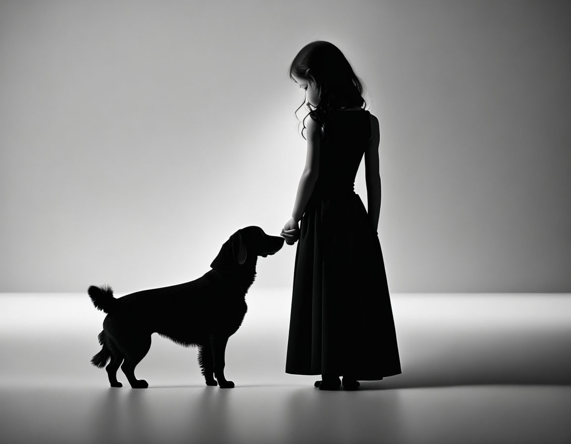 Silhouette of girl and dog in dress against gradient background