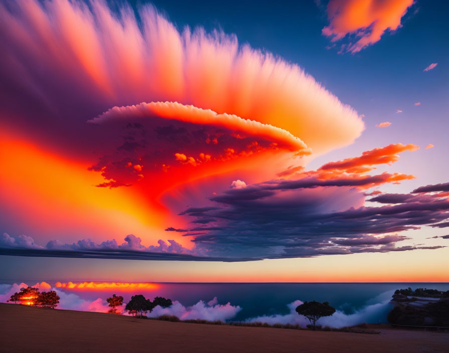 Colorful sunset with large cloud over serene sea and tree silhouettes