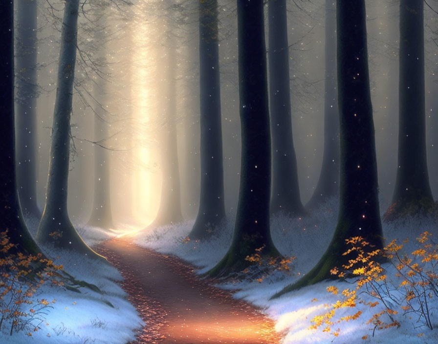 Snow-covered forest path with tall trees and warm light filtering through mist