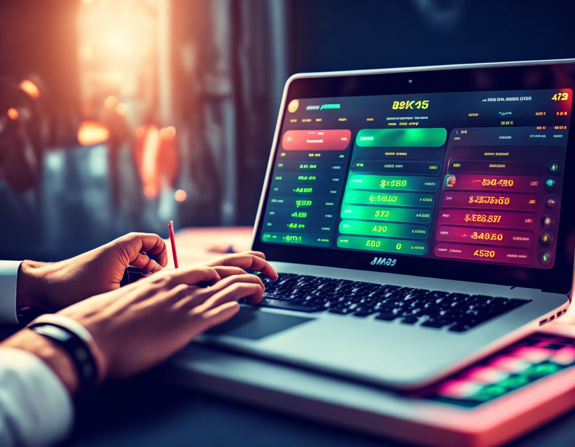 Professional analyzing financial data on laptop with colorful graphs and charts in dimly lit office.