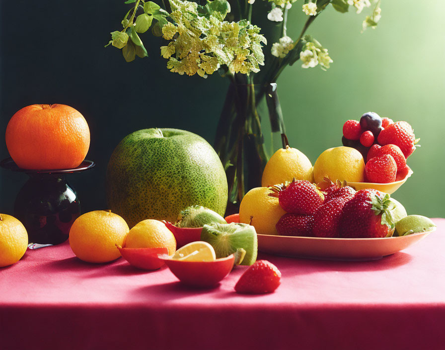 Colorful Fresh Fruits Still Life on Red Tablecloth with White Flowers