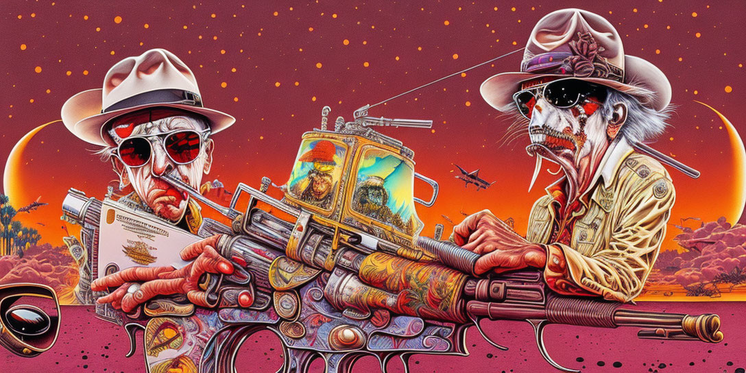 Stylized skeletons with guns in desert sunset scene