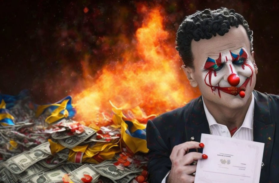 Person in clown makeup with sad expression surrounded by falling cash and fiery background.