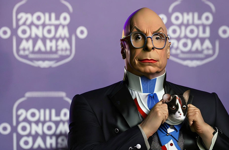 Man in suit with bald cap holding cat against logo-patterned backdrop