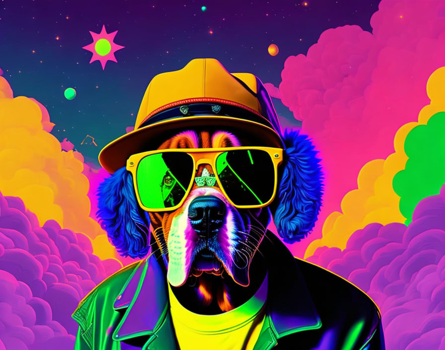 Vibrant dog in sunglasses, hat, and jacket on psychedelic space background