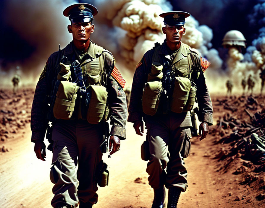 Military soldiers in uniform walking with explosions in warzone scene