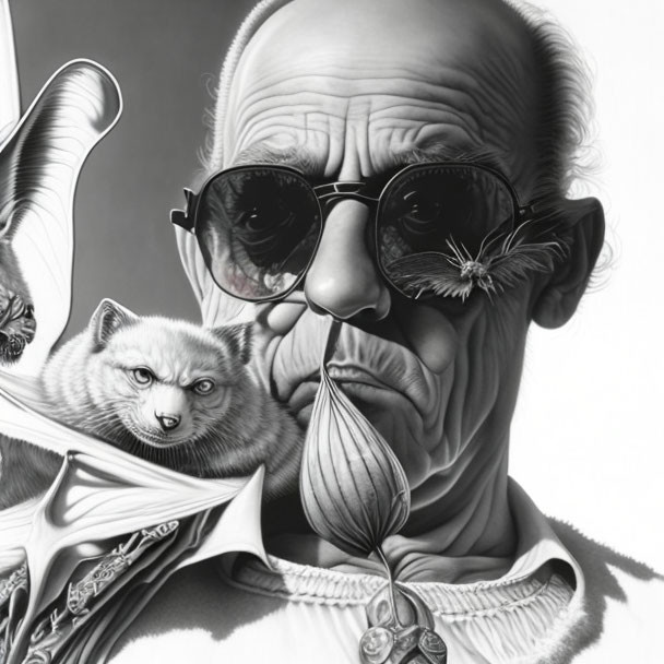 Monochrome caricature of man in round sunglasses with trumpet and cat reflections