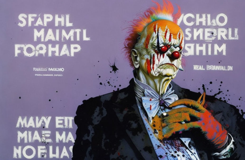 Vibrant clown portrait with wild hair, exaggerated makeup, and scattered text background