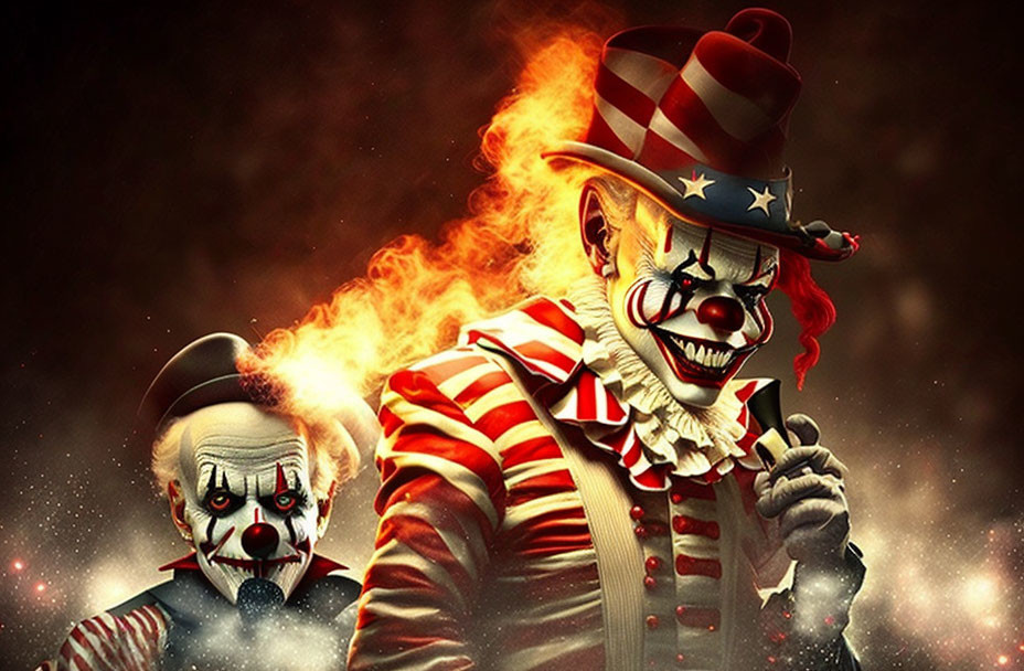 Sinister clowns in American flag outfits on fiery background