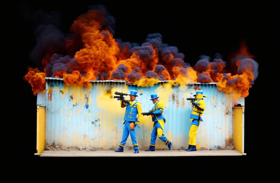 Three firefighters in blue and yellow uniforms battling a fierce blaze with bright orange flames.