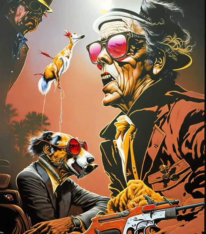 Anthropomorphic animals in suave illustration: dog with sunglasses, gun, martini, and bird