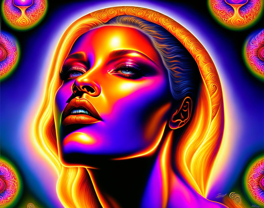 Colorful digital portrait of a woman with neon skin against psychedelic backdrop