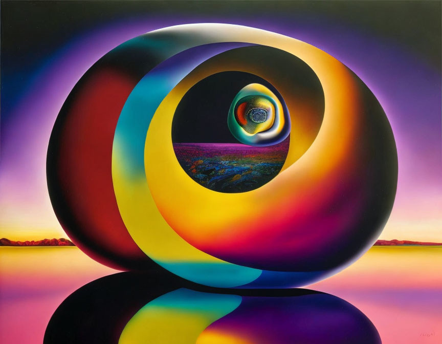 Vibrant surreal painting with glossy concentric rings in yellow to purple gradient on sunset landscape