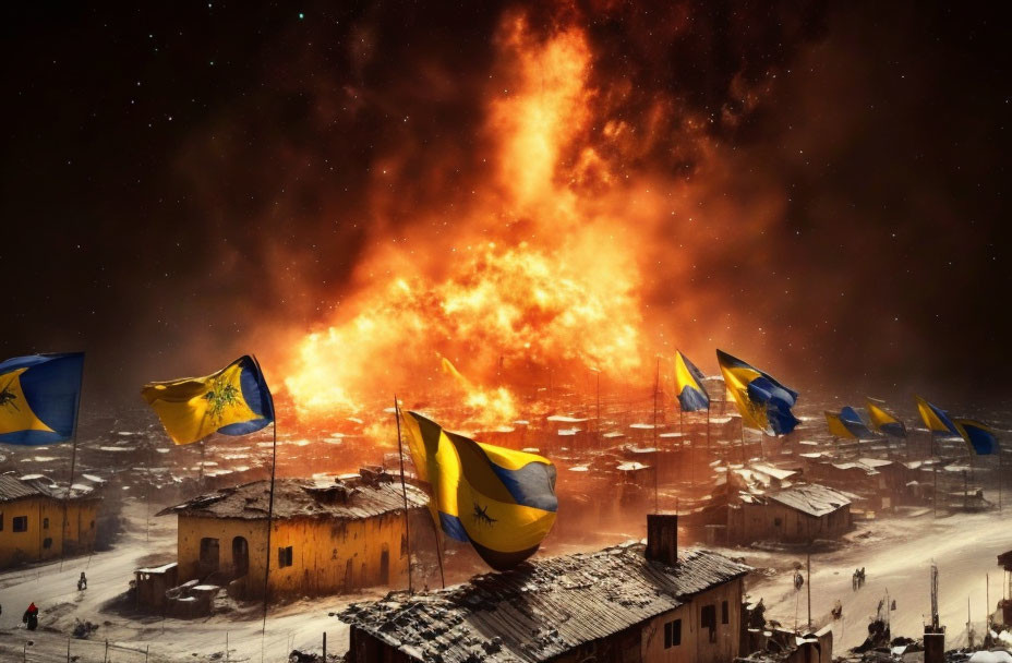 Intense fire behind buildings with yellow and blue flags in barren setting