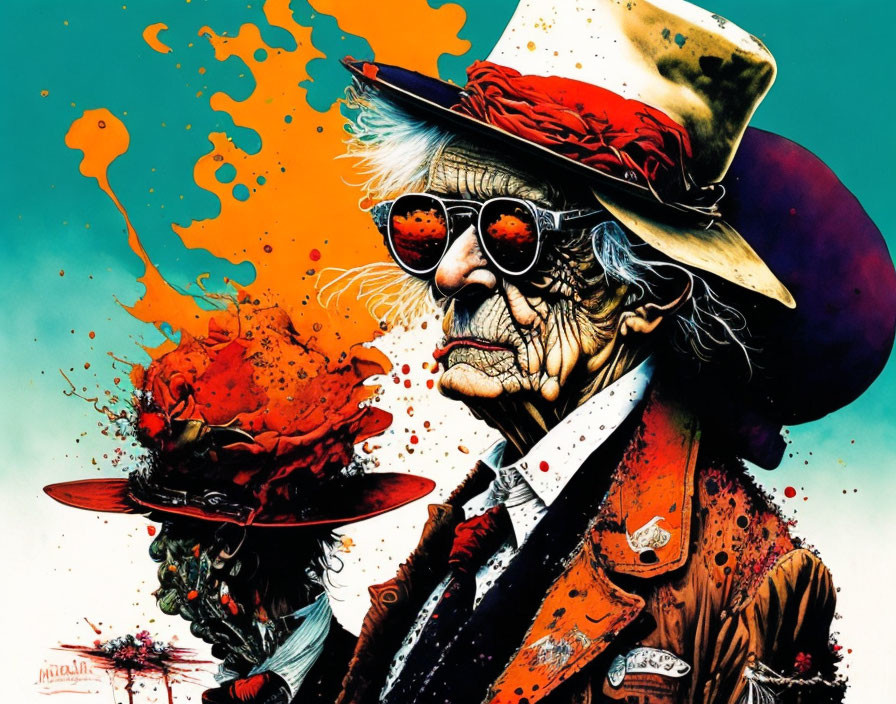 Colorful Illustration: Elderly Person in Red Hat and Sunglasses