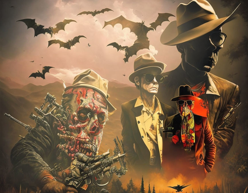 Zombie cowboy with guns and stylish figures under ominous sky