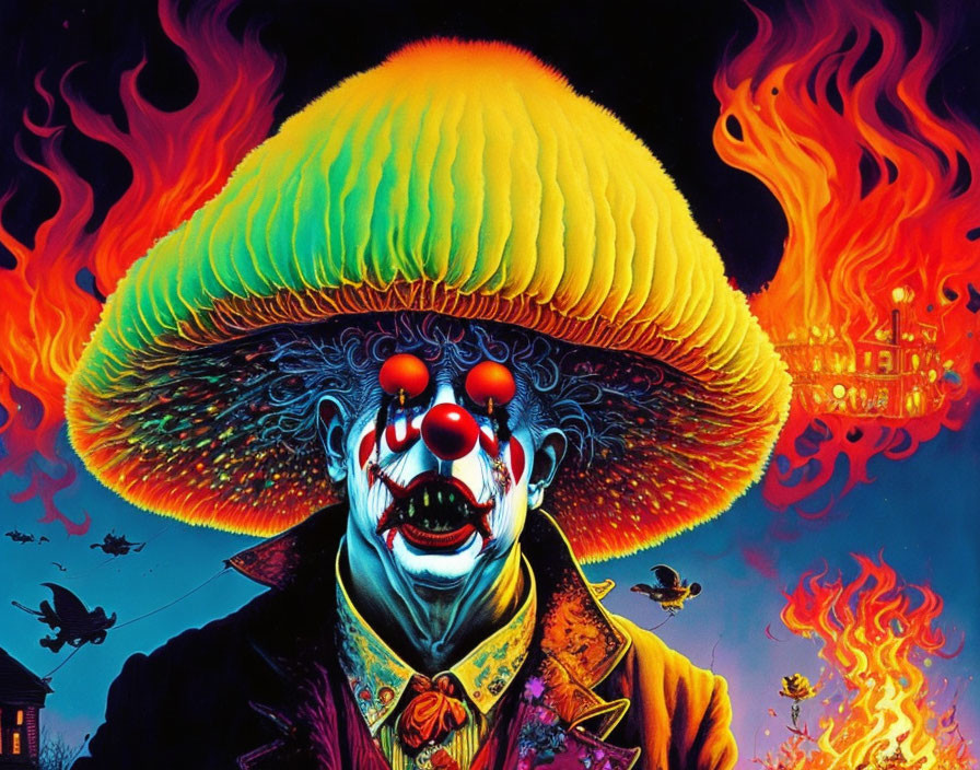 Colorful Clown with Mushroom Cloud Hat and Flames Background