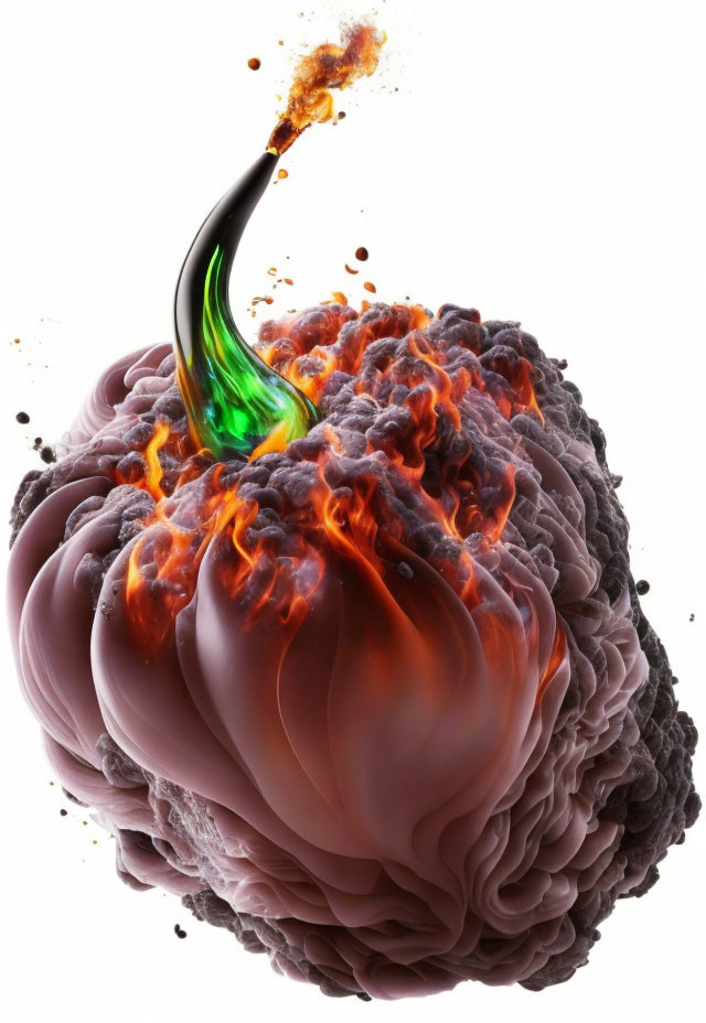 Digital artwork: Brain on fire with engulfing flames and molten lava.