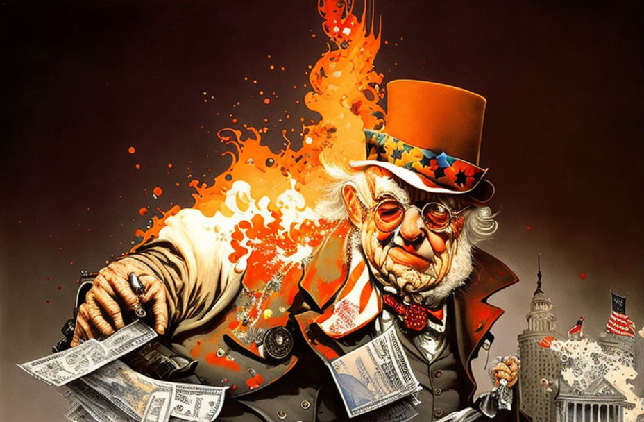 Satirical illustration of Uncle Sam with dollars and flames against US landmarks.