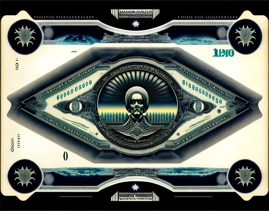 Detailed one-dollar bill artwork with central eye, industrial gears, and bearded figure in pyramid.