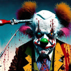 Sinister clown with colorful hair and hammer in a blood-spattered suit