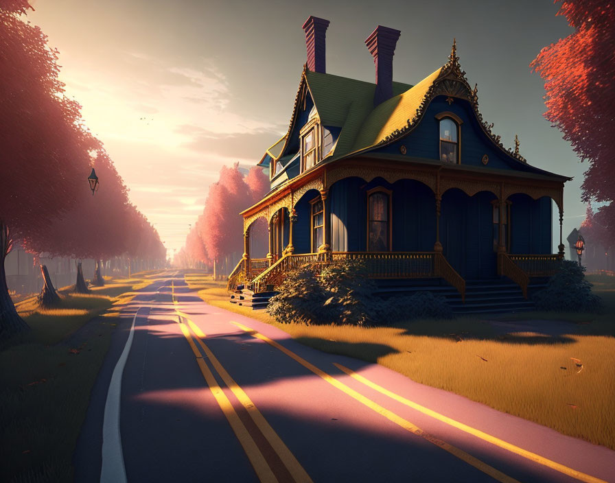 Victorian-style house and tree-lined road at sunset