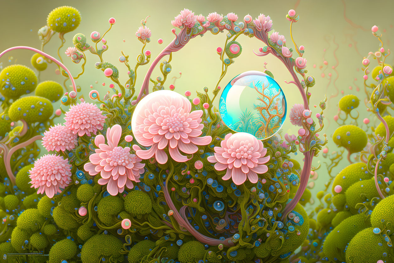 Colorful digital artwork of spherical green plants and pink flowers in a garden setting