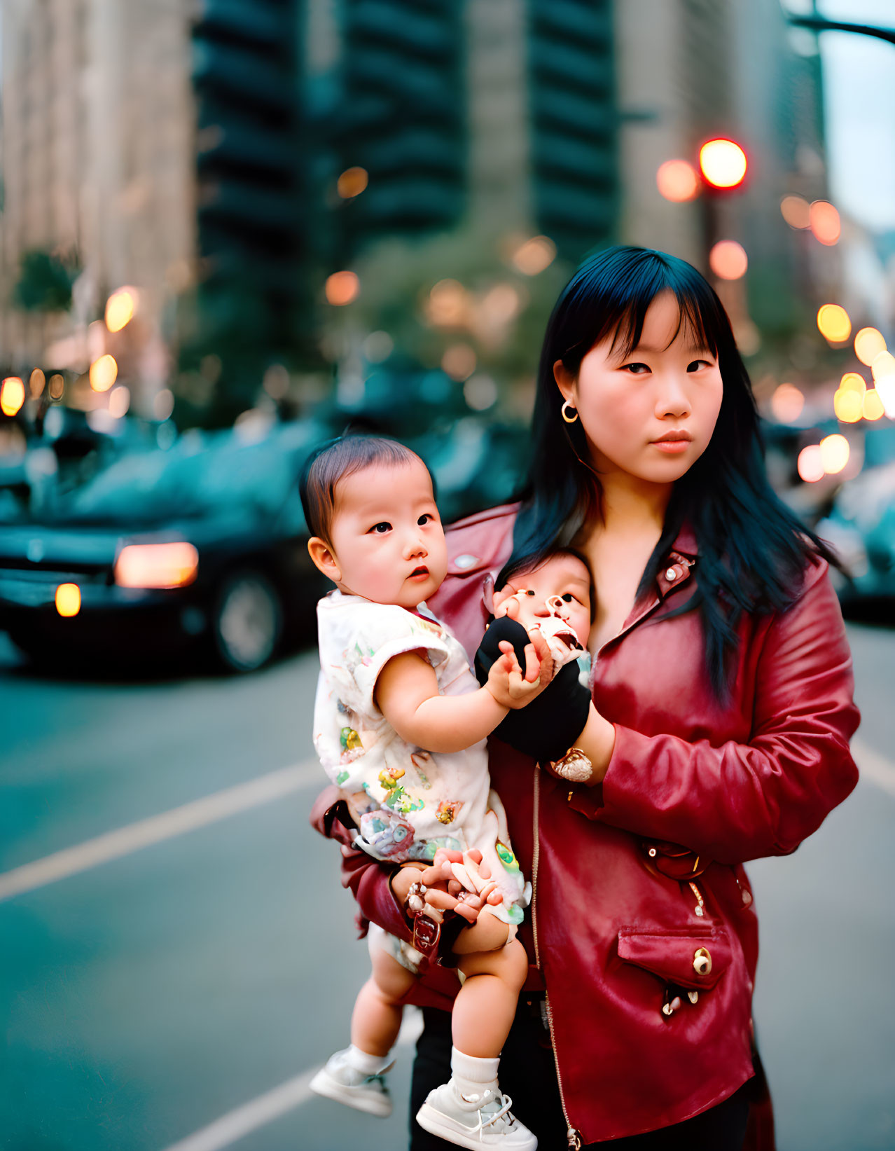 Woman in Red Jacket Holding Baby on City Street with Blurred Cars