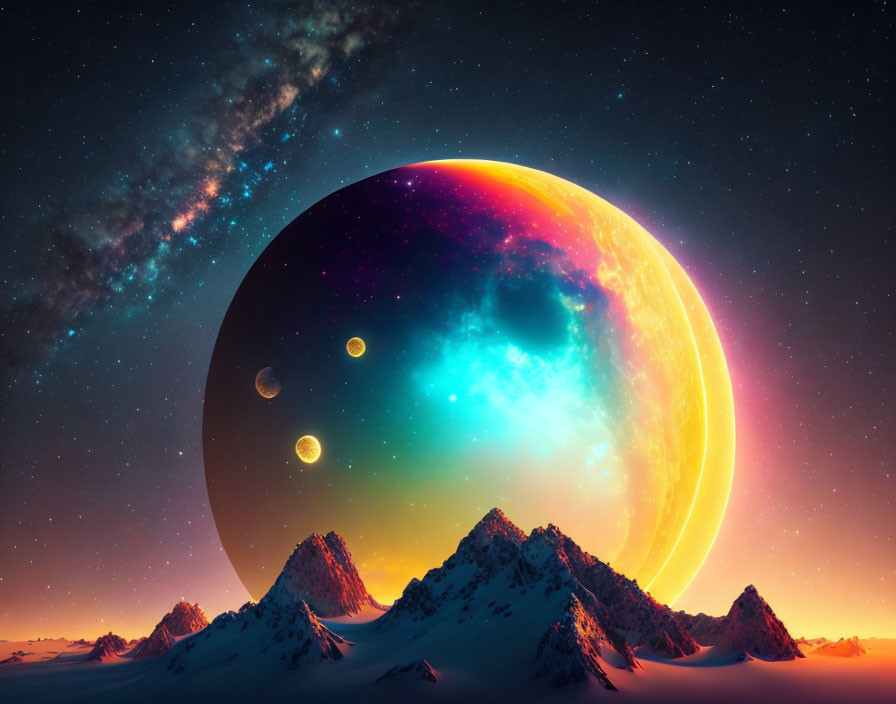 Colorful surreal artwork: giant planet, moons, starry sky, snowy mountains