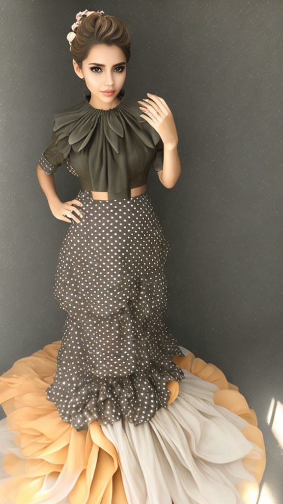 Woman in Green Ruffled Blouse & Polka-dot Fishtail Skirt