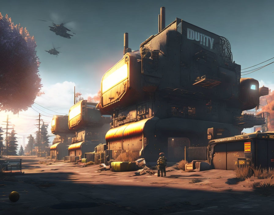 Futuristic military base with soldier, flying ships, and orange sky