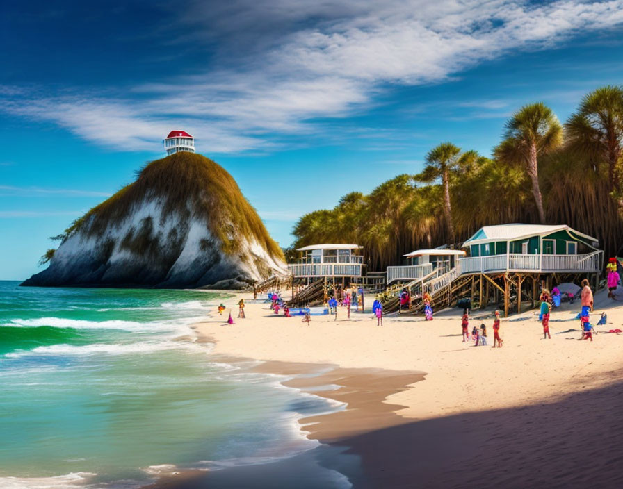 Beach scene with lighthouse, palm trees, and beach houses