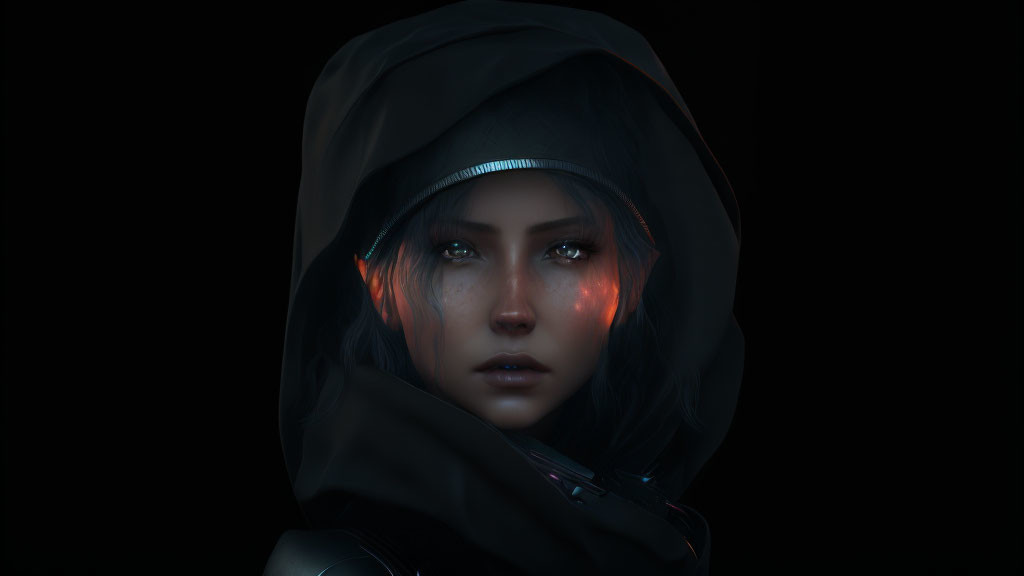Mysterious figure with glowing red eyes in dark hooded cloak