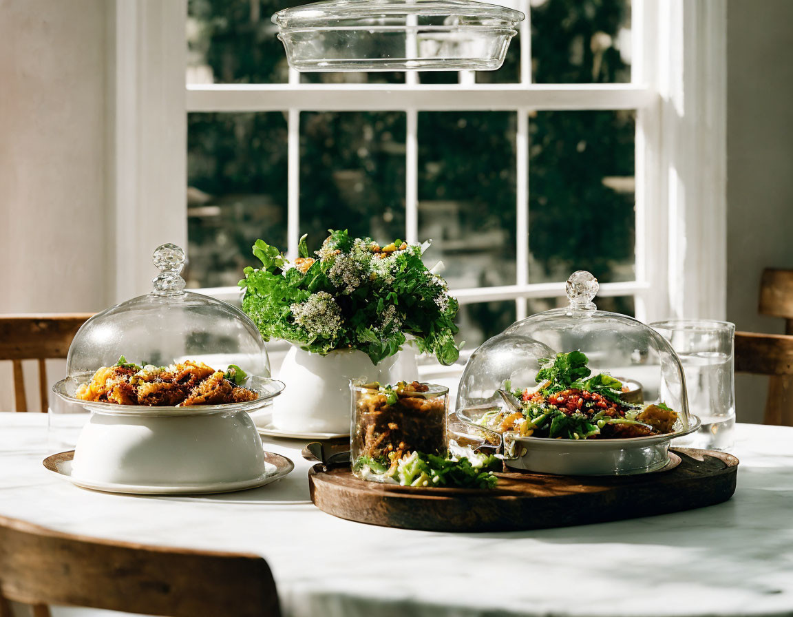 Rustic dining setup with covered dishes, green plants, and window scenery