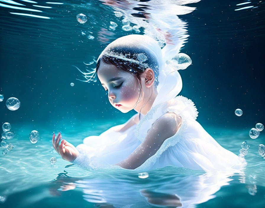 Child in white dress submerged in water surrounded by bubbles