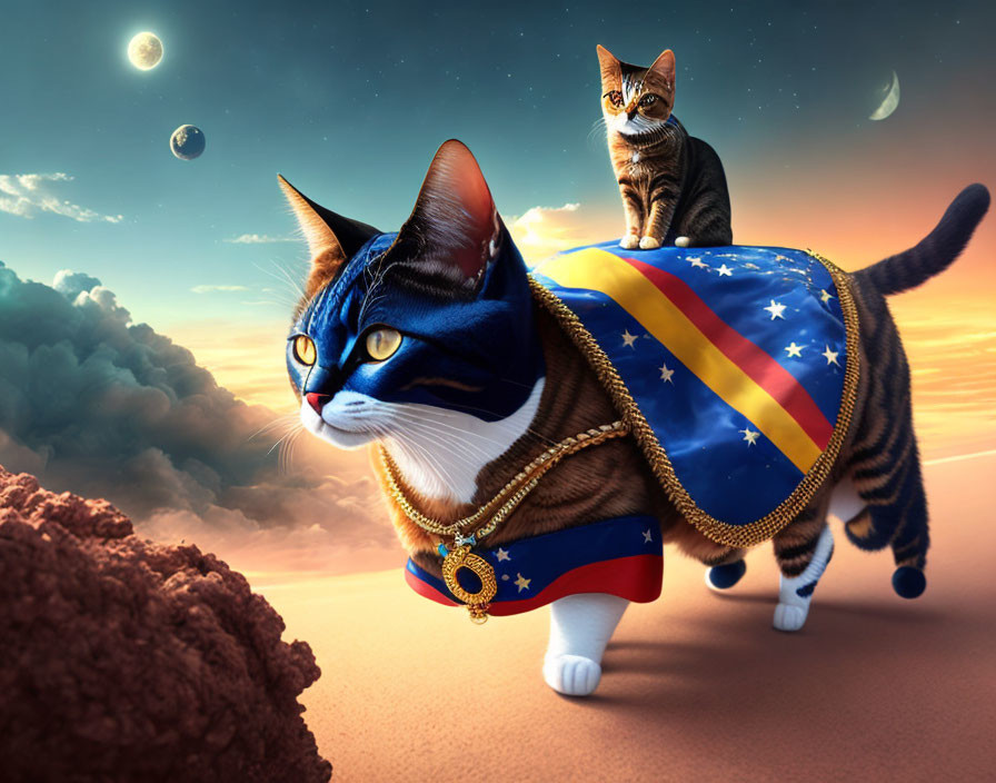 Giant cat in regal attire with kitten on alien planet at twilight