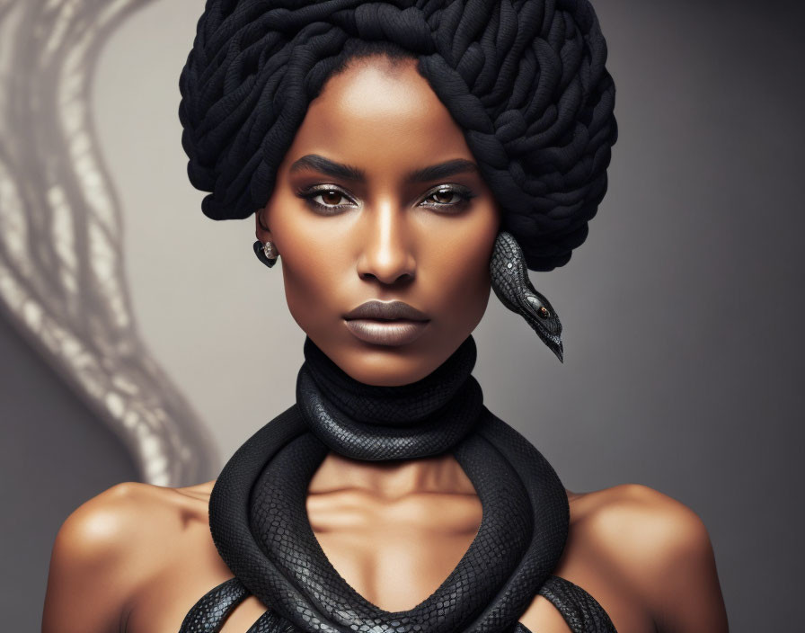 Portrait of woman with elaborate braid hairstyle and snake around neck