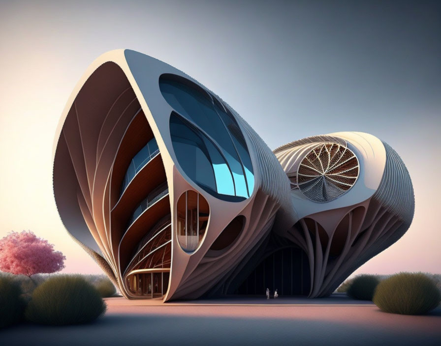 Organic curved futuristic building with shell-like design against twilight sky