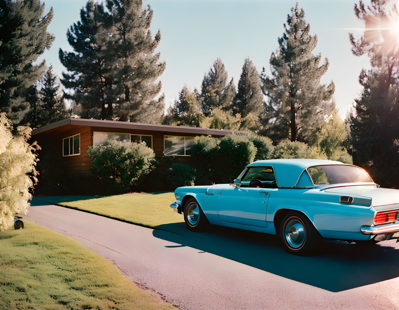 Vintage Blue Car Parked Near Pine Trees and House on Grass Lawn