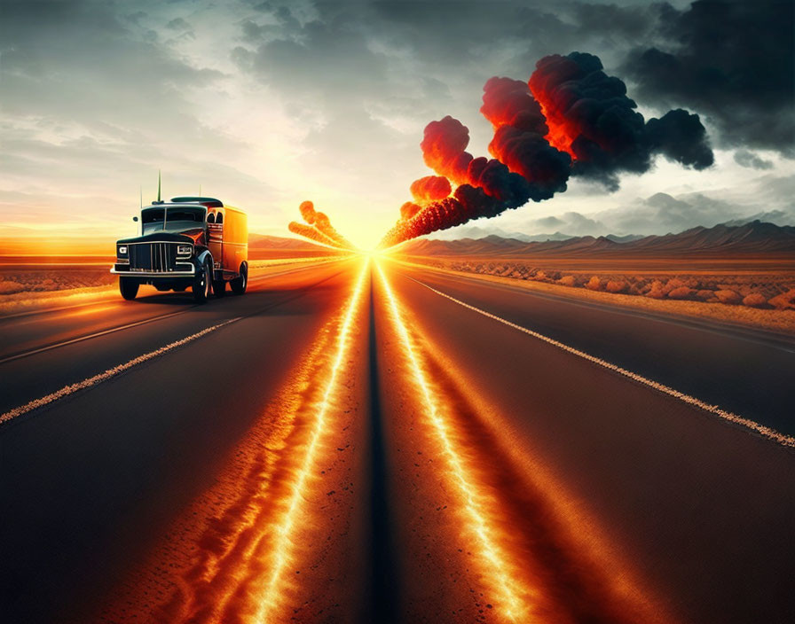 Truck driving on empty road towards sunset with dark smoke plumes