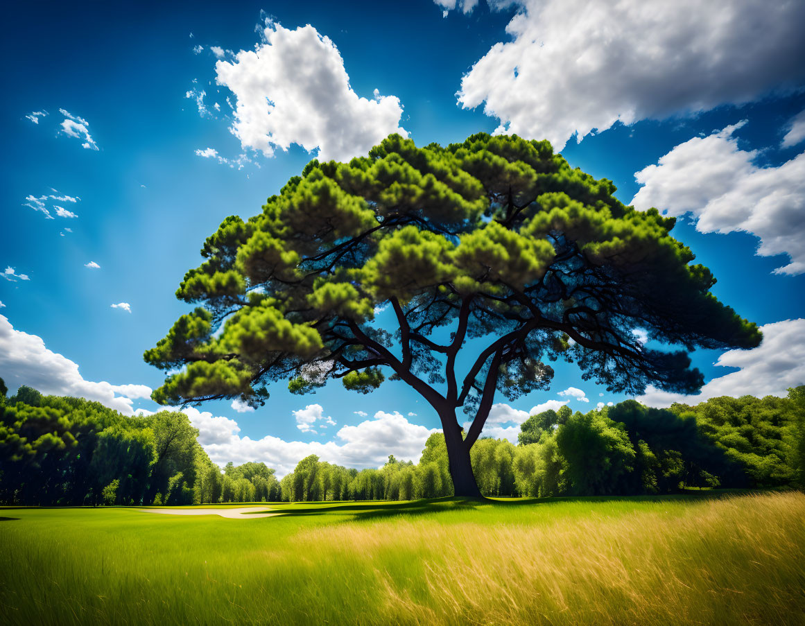 Majestic lone tree in serene meadow with lush green canopy